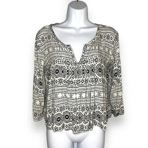 Boho Chic Black & White Patterned Blouse by Miroa - Size L